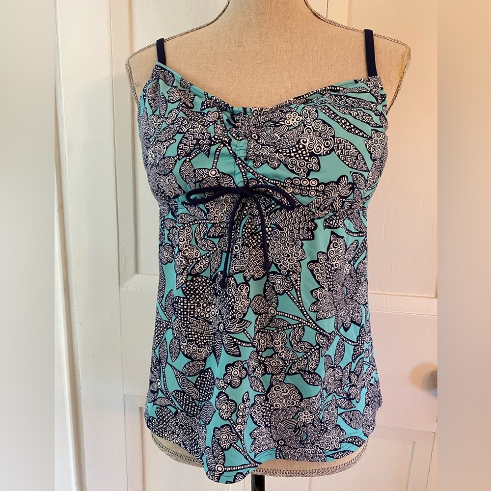 Lands End Woman's Turquoise/Navy Print Underwire Tankini Swim Top, Size 14